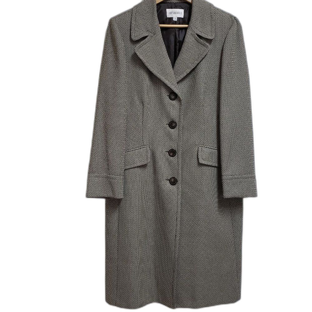 Studio 1 Womens Brown Cream Geometric Lined Button Front Long Over Coat Size 14